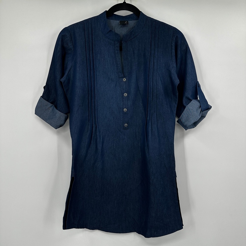 Soch Womens Blue Denim Kurti Indian Tunic Mandarin Collar Pin-Tuck Size Medium
